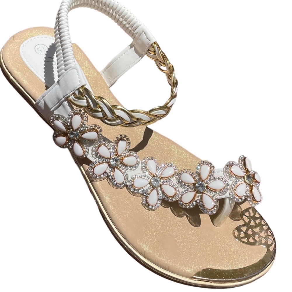 Toe Ring White Floral Rhinestone Embellished Woven Gold Sparkle Flat Sandal - Picture 11 of 11